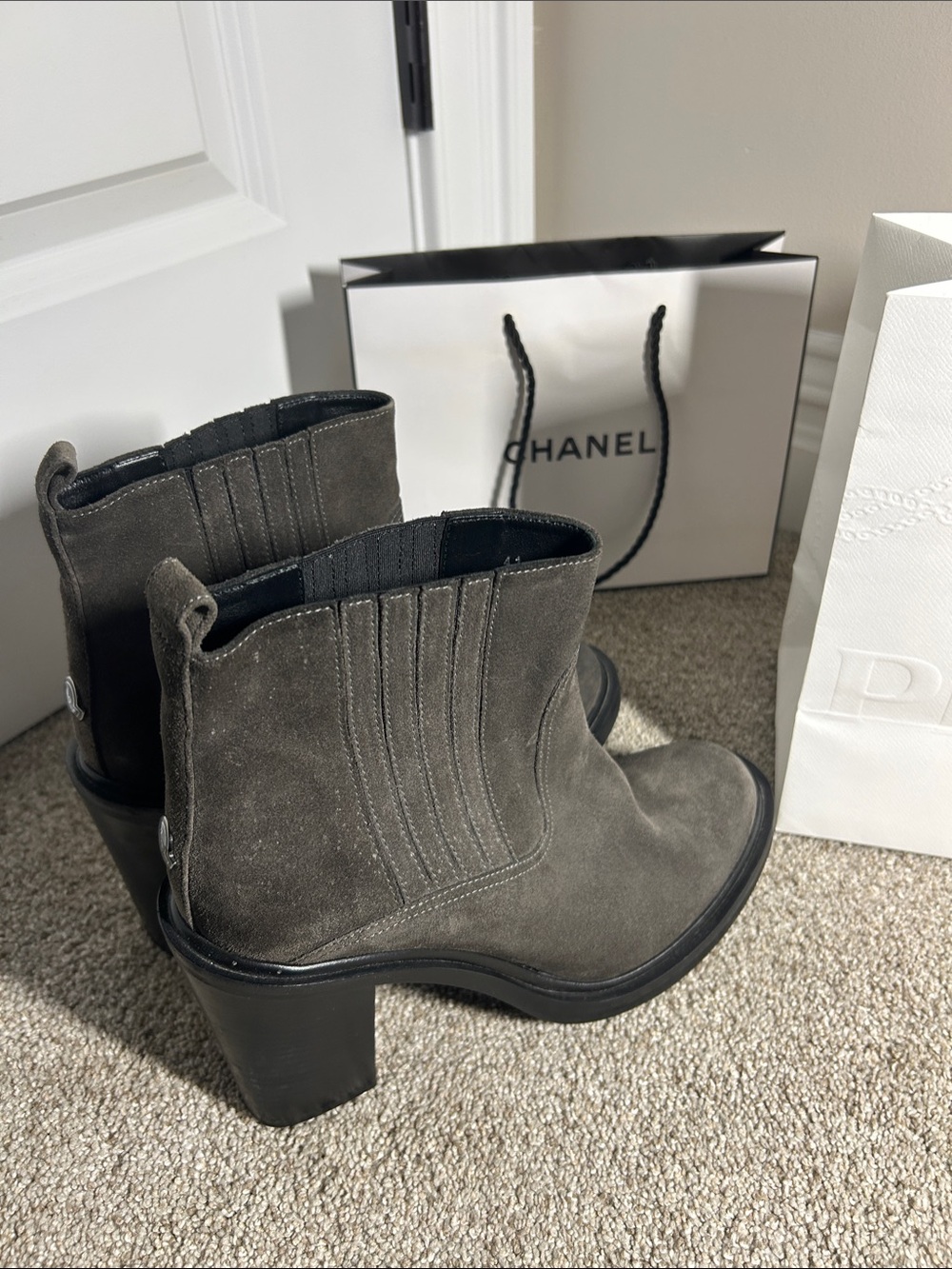 Moncler Gray Suede Chelsea Heel Booties